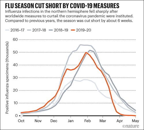 chart of flu-season during COVID-19 and years 2016 - 2020 with 4 years of flu data charted by FluNet Response System