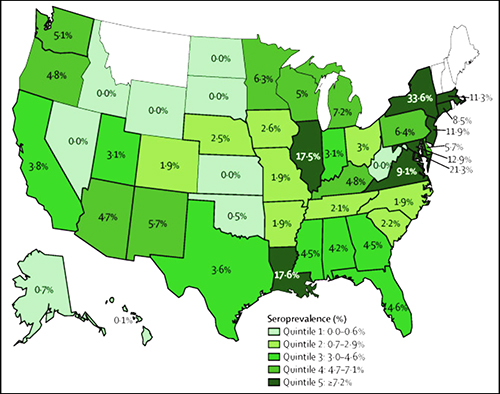 The graphic above taken from Stanford Medicine’s published study illustrates the “prevalence of SARS-CoV-2 antibodies in sampled population, by state