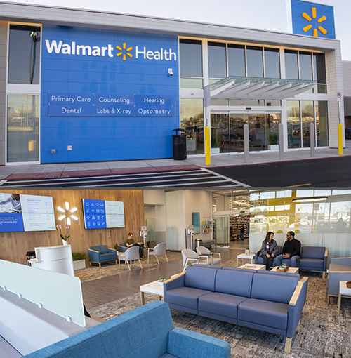 Exterior and interior images of Walmart Health Clinic with customers sitting on a blue couch in the lobby
